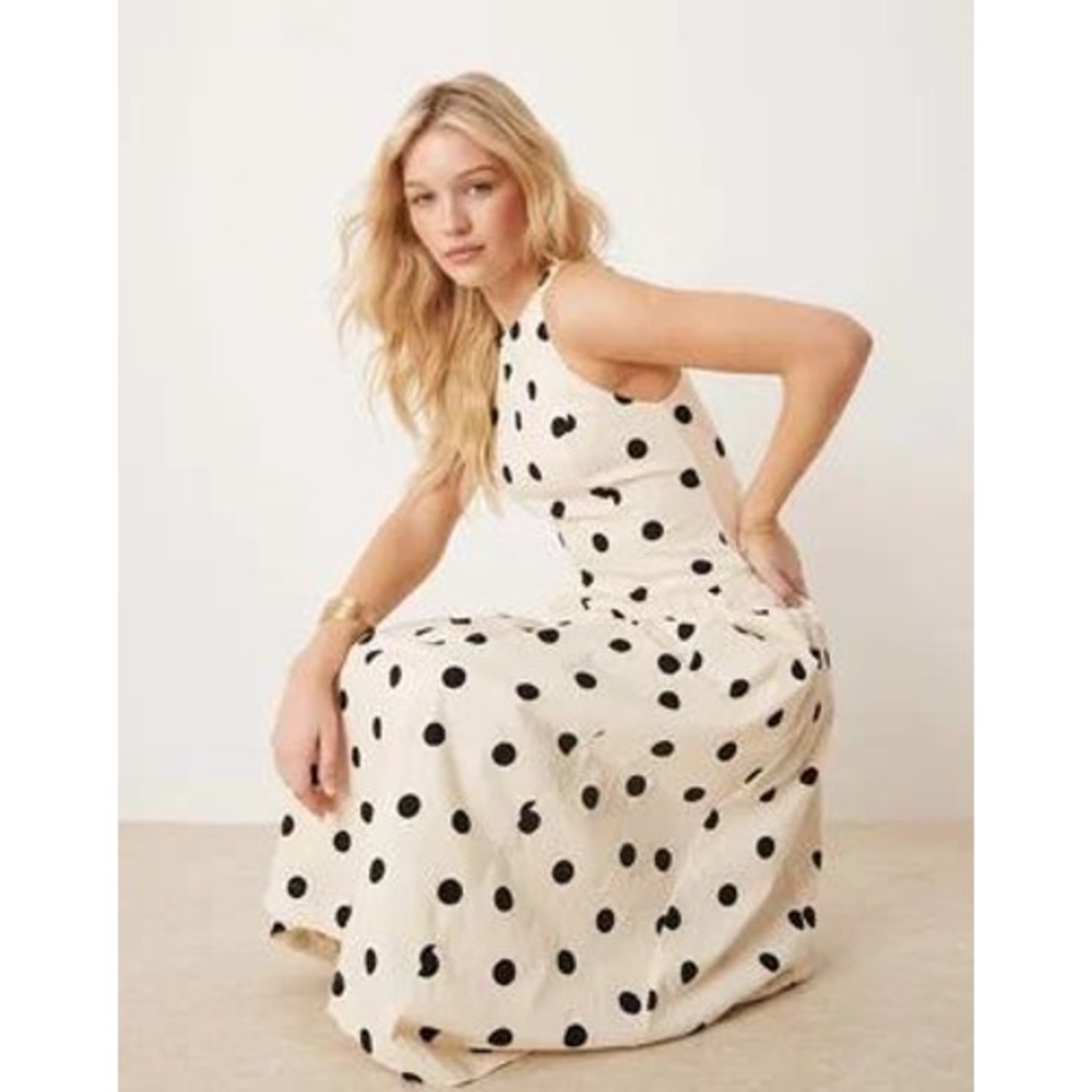 Abercrombie & Fitch NEW XL High Neck Drop Waist Midi Dress in Black Polka Dot - Picture 2 of 9
